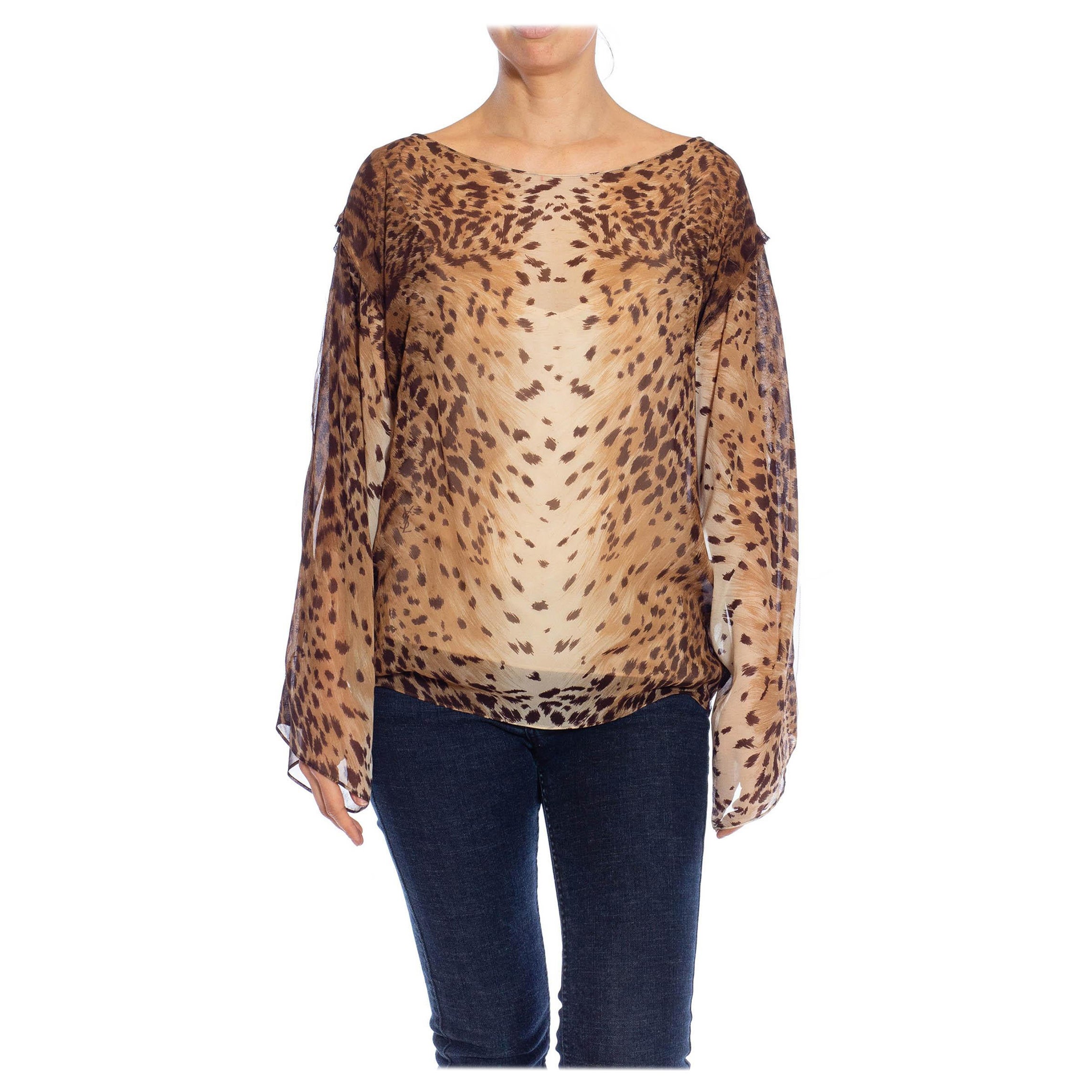 2000S YVES SAINT LAURENT Brown Animal Print Silk Chiffon Oversized Top For Sale