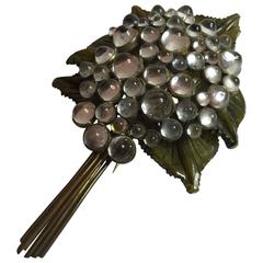Vintage 1930s BLUMENTHAL FINE Bakelite Carved Leaf Brooch Pin  Domed Crystal Cabochons