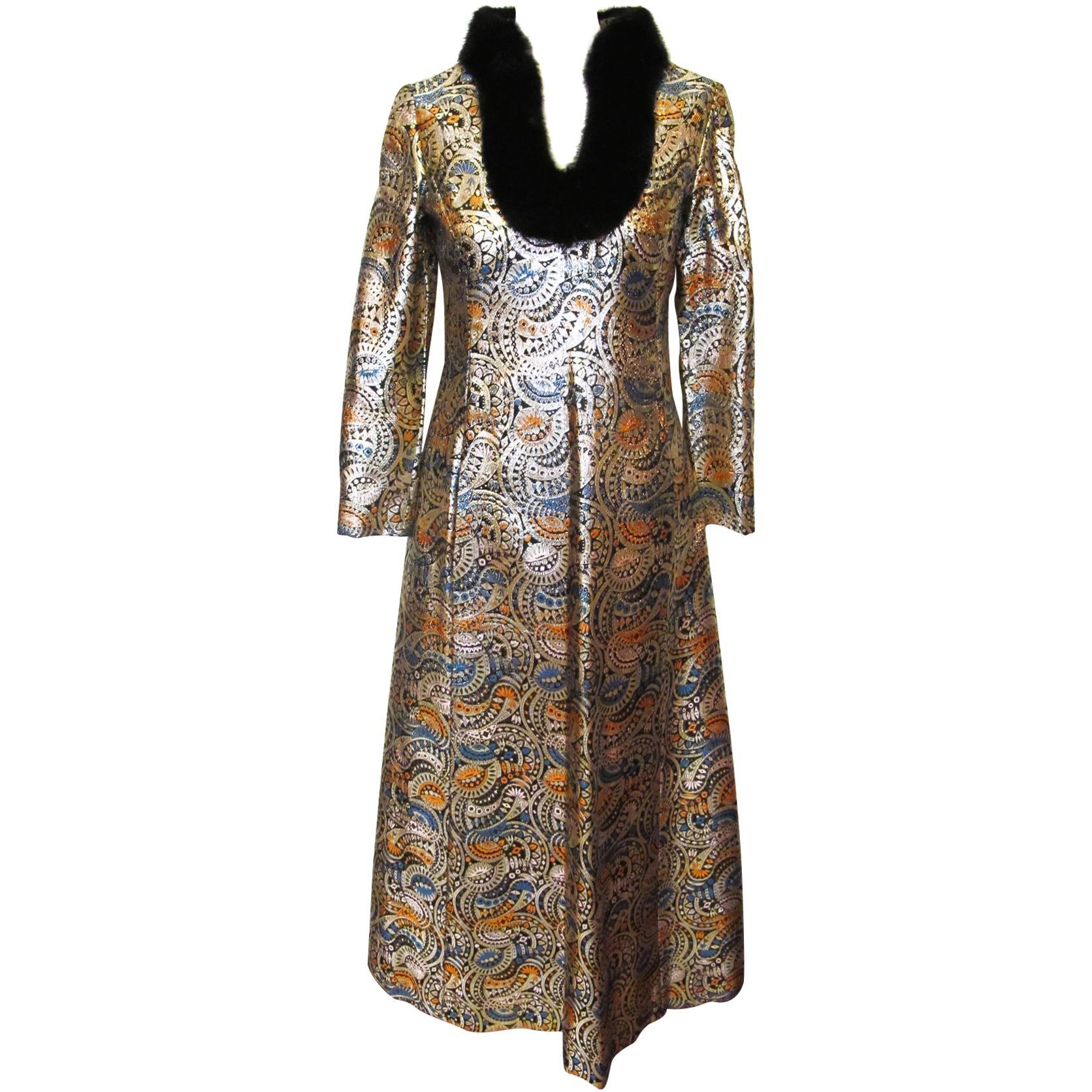 1970's Malcolm Starr Gold Metallic Brocade Evening Gown with Black Mink Trim  For Sale
