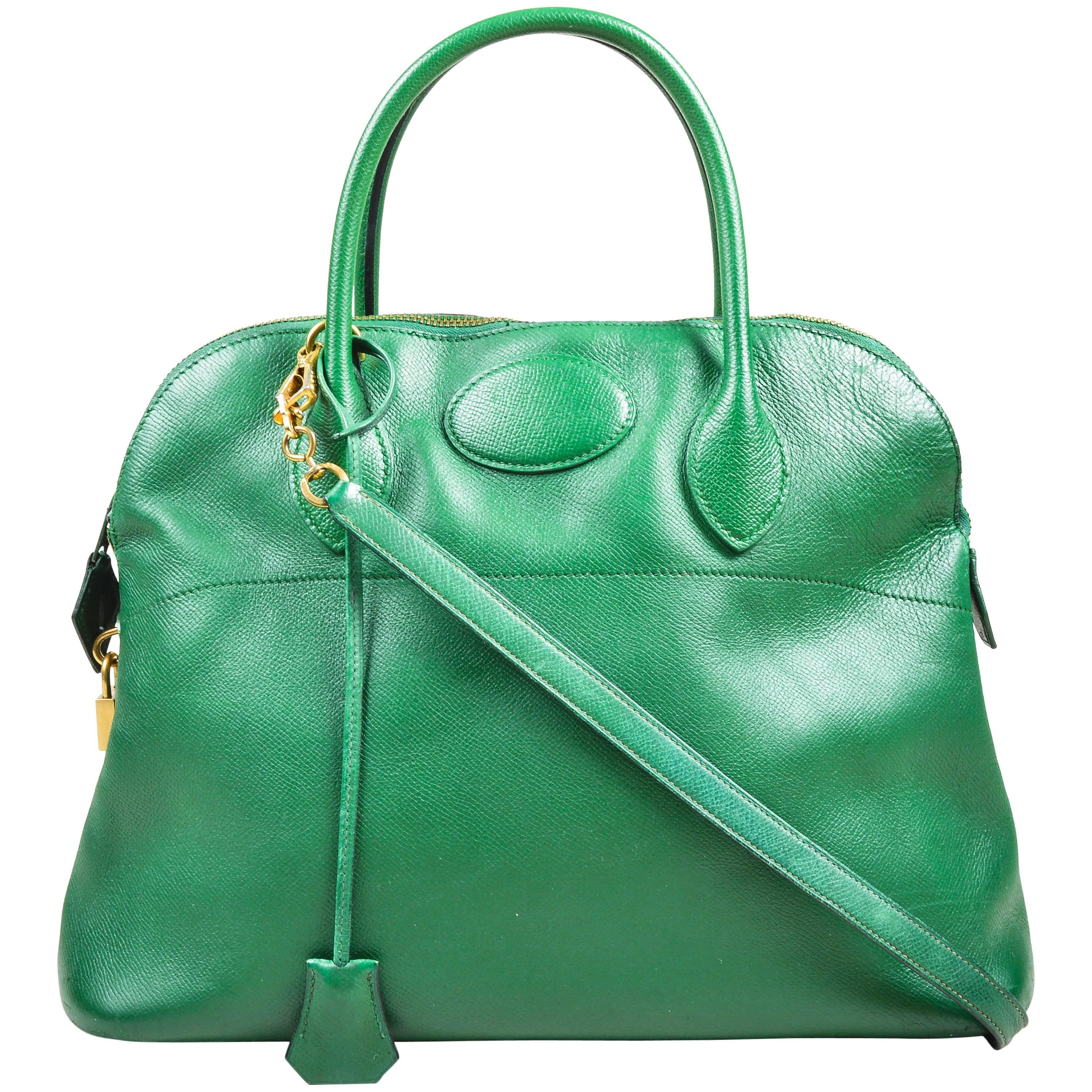 Vintage Hermes Kelly Green Leather "Bolide 35cm" Structured Satchel Handbag For Sale