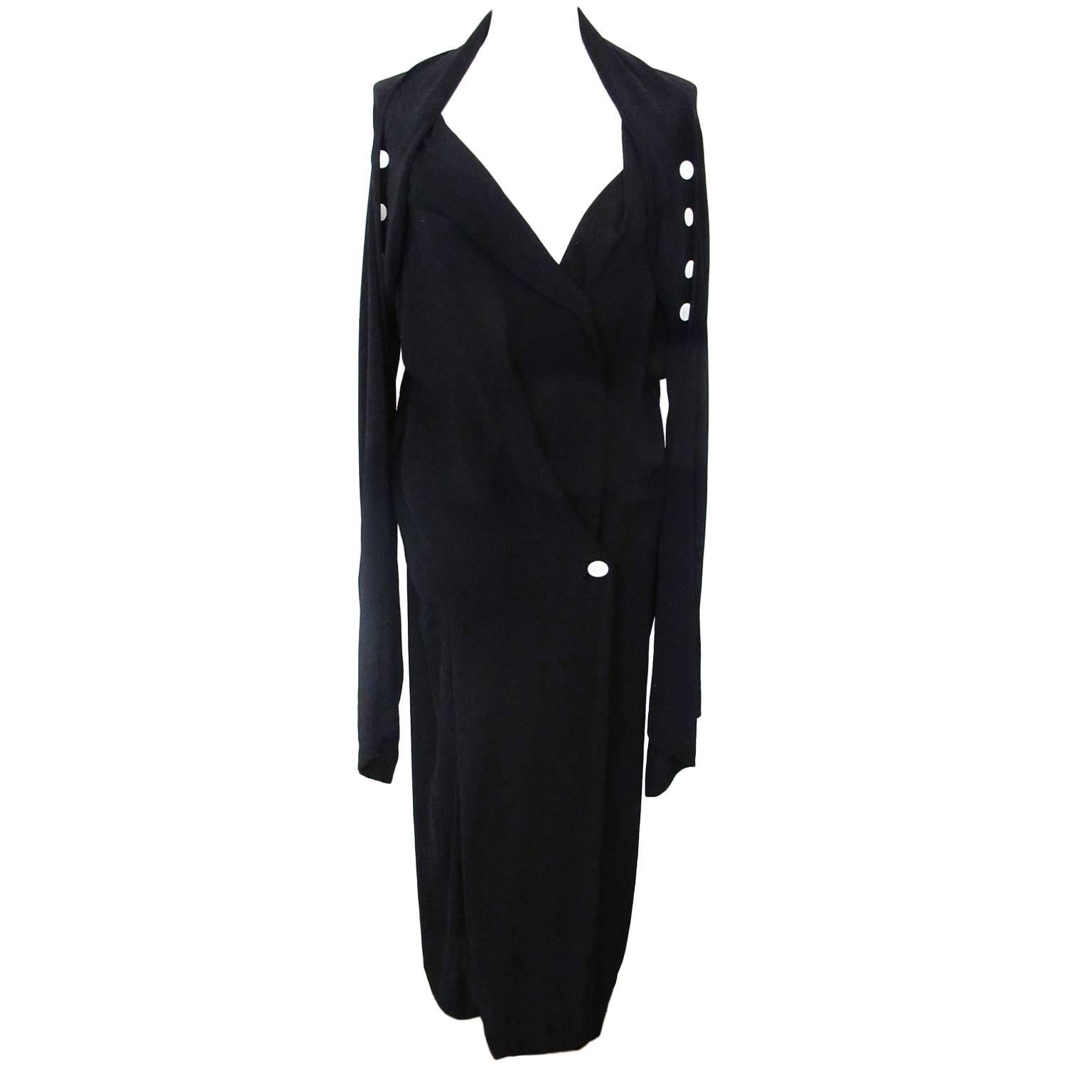 Yohji Yamamoto Long-Sleeved Black Dress with White Button Detail For Sale