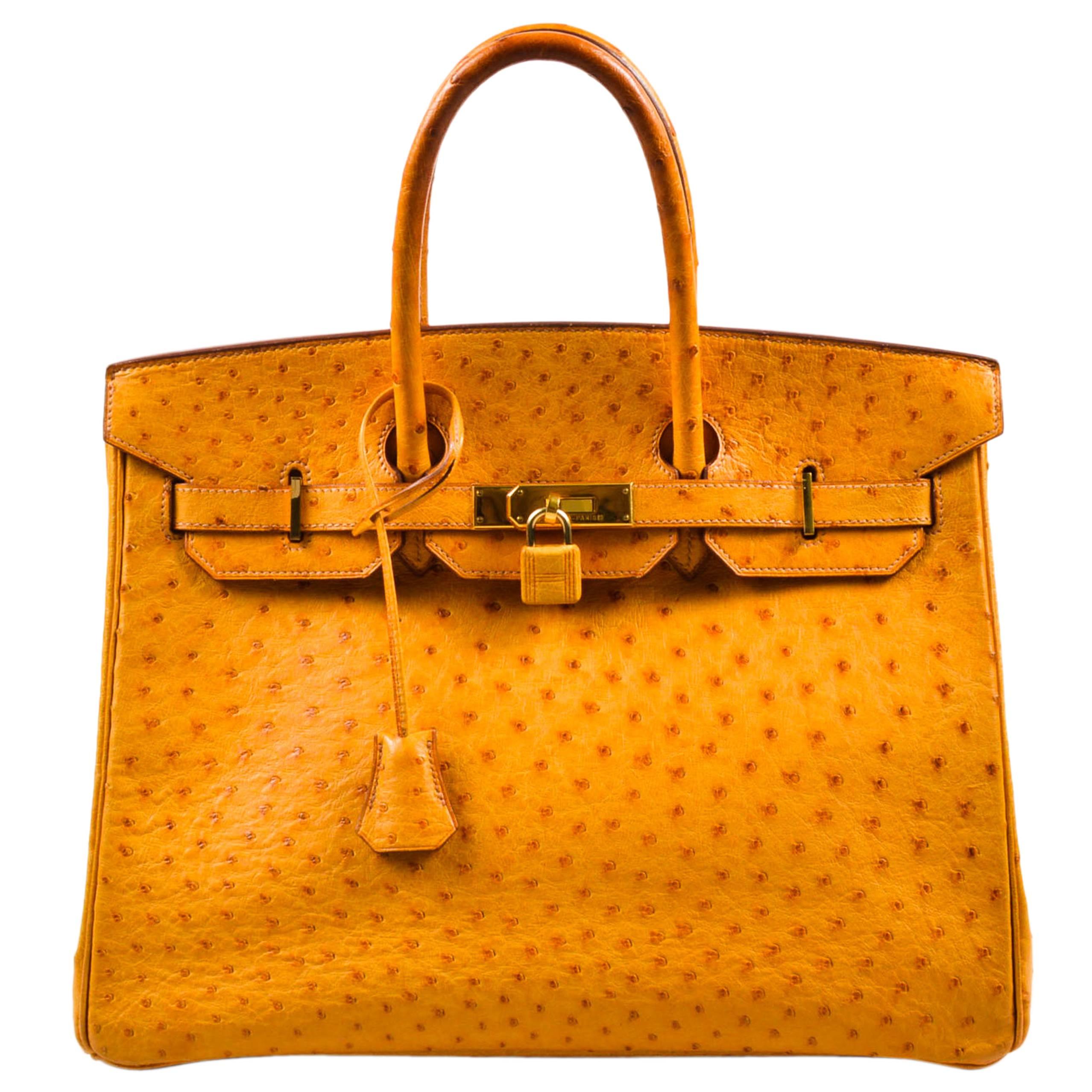 Hermes 'Saffron' Orange Tan Ostrich Leather 35cm "Birkin" Handbag For Sale