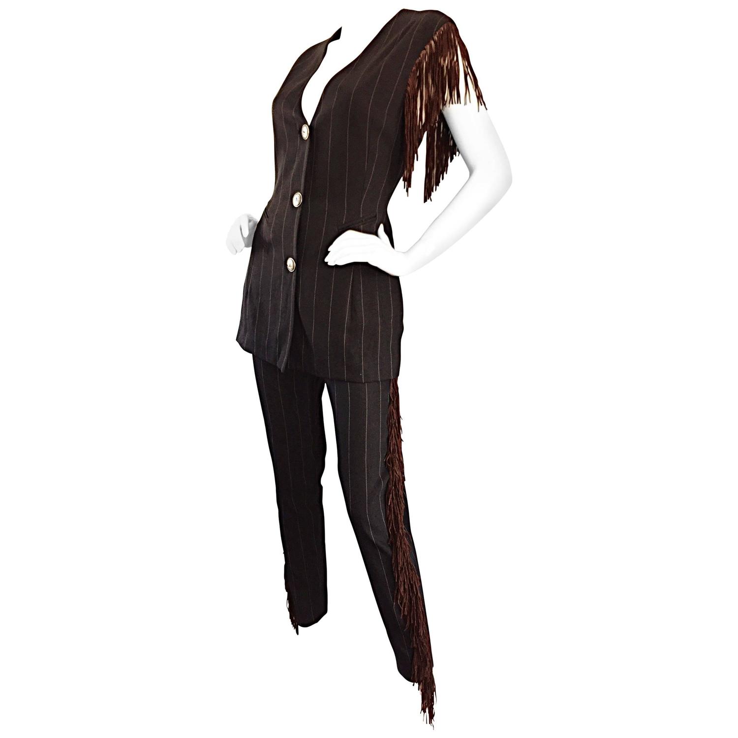 Rare Rifat Ozbek Vintage Black + White Pinstripe Leather Fringe Vest Pant Suit For Sale at 1stdibs