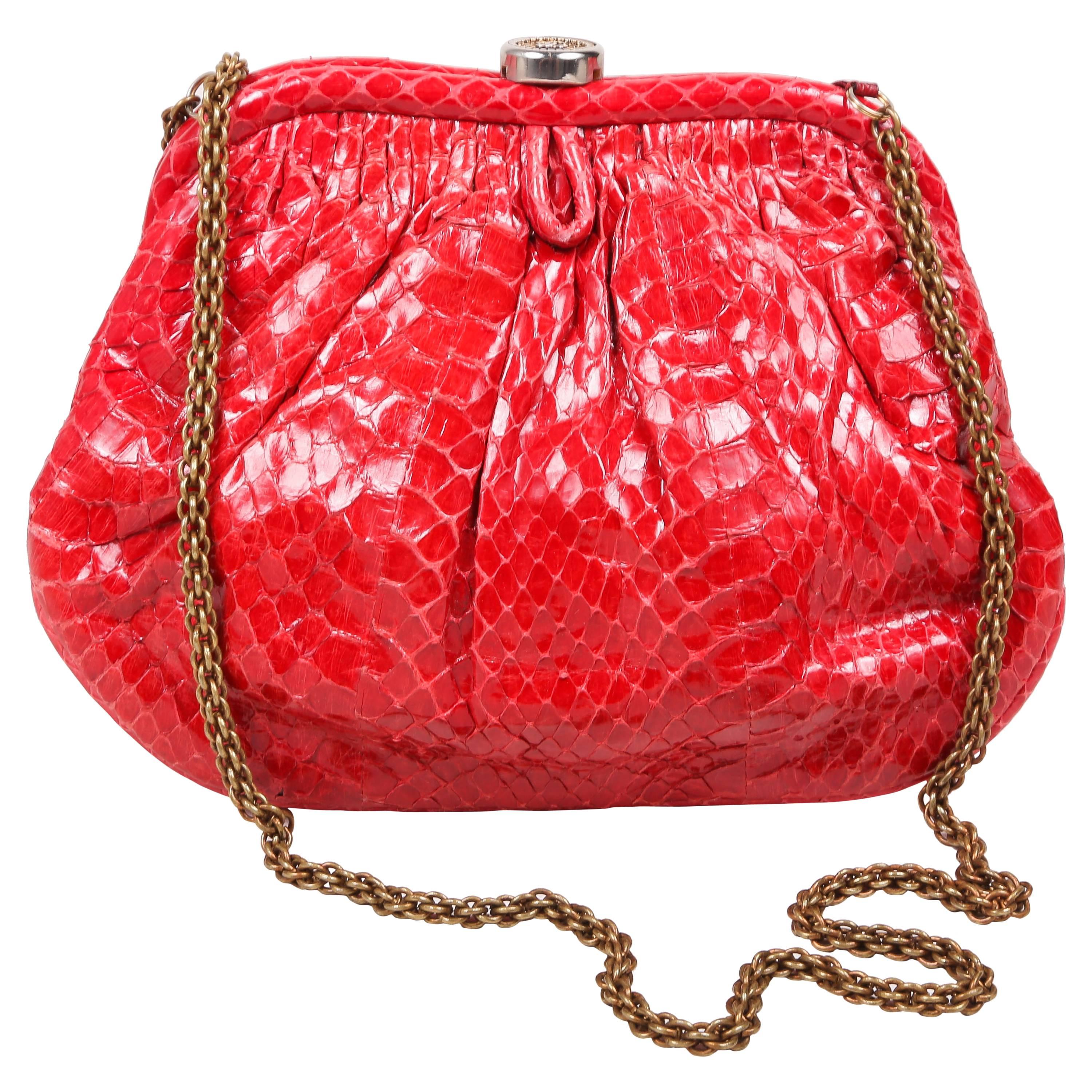 Vintage Chanel Red Python Top Snap Closure Clutch