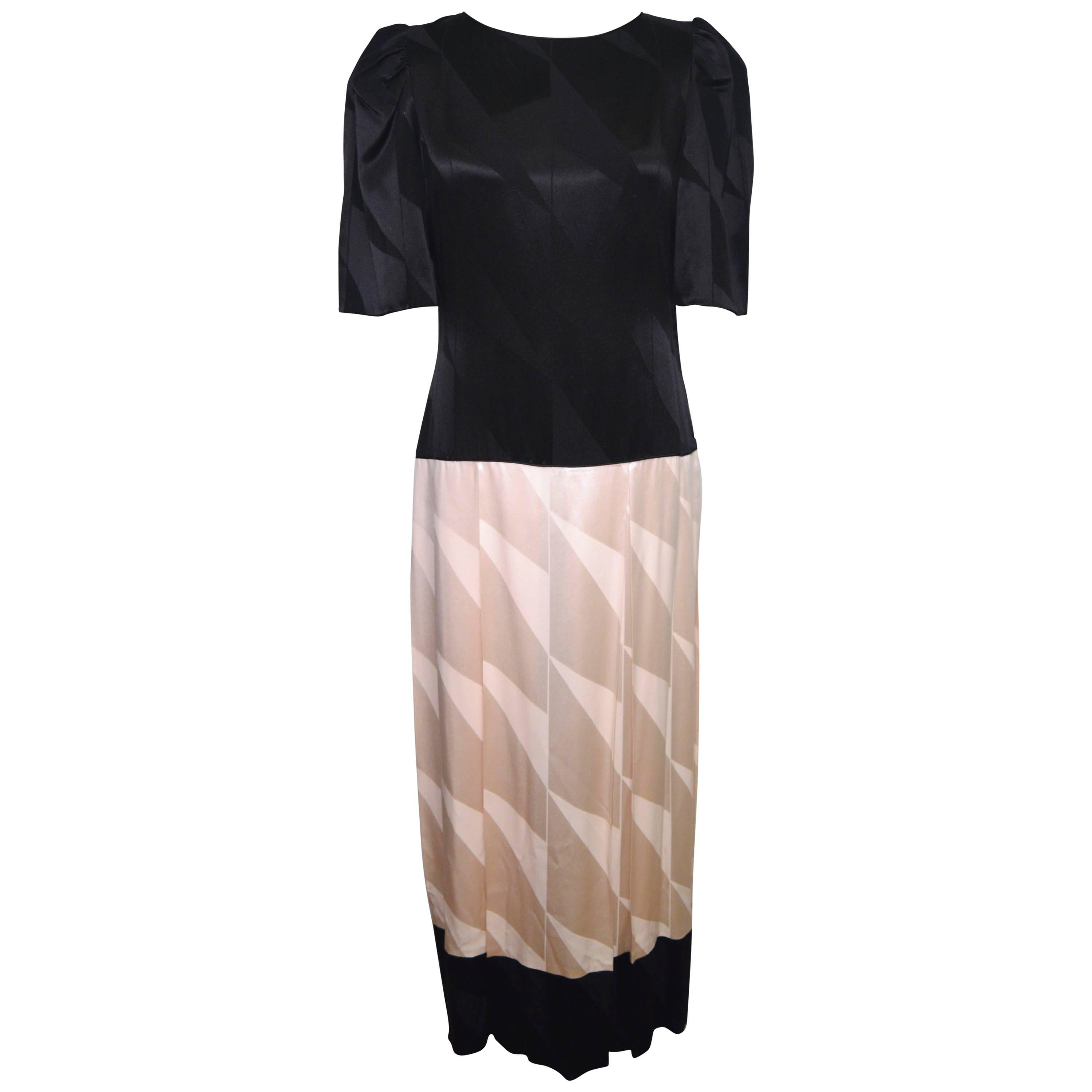 Mary McFadden Vintage 1980s Black and White Silk Drop Waist Dress Size 8