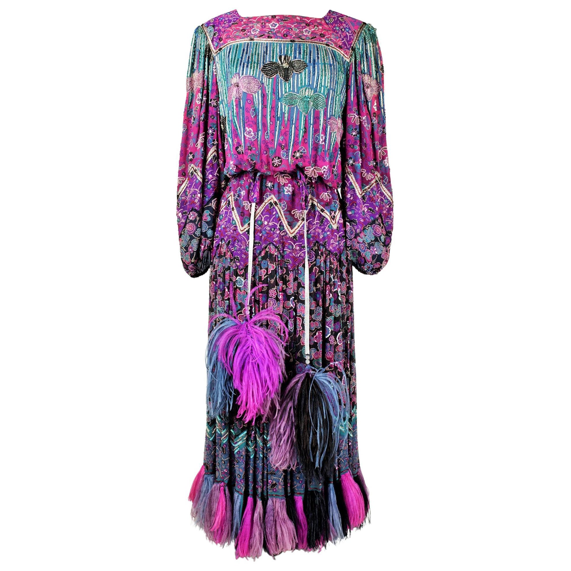 A Louis Féraud Couture Embroidered Chiffon printed Dress  - Fall 1981 For Sale