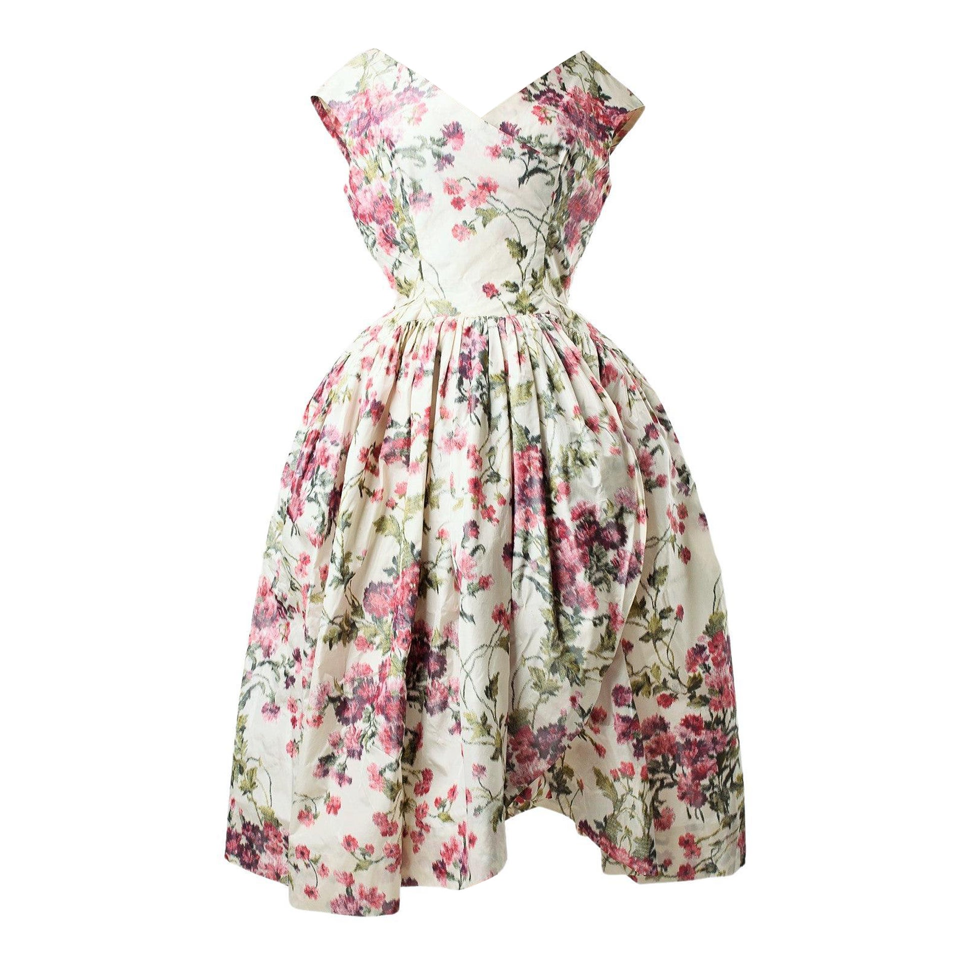 A French Chiné Silk Ball Gown Circa 1955 For Sale
