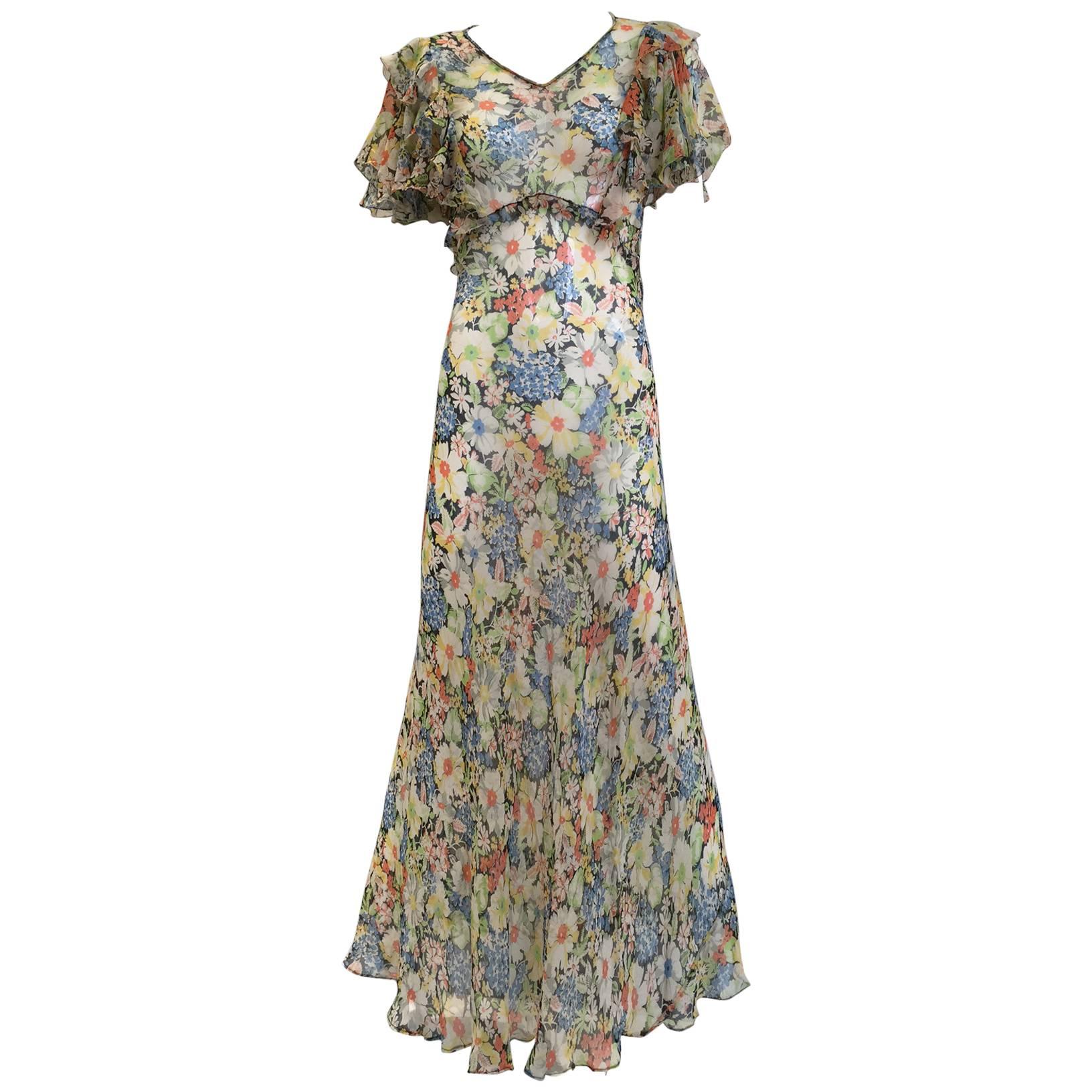 1930s silk chiffon floral print summer dress