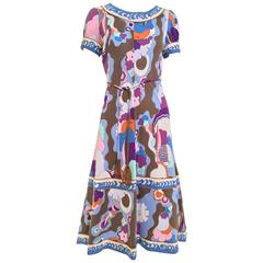 1970s Bessie multi color print matte jersey dress