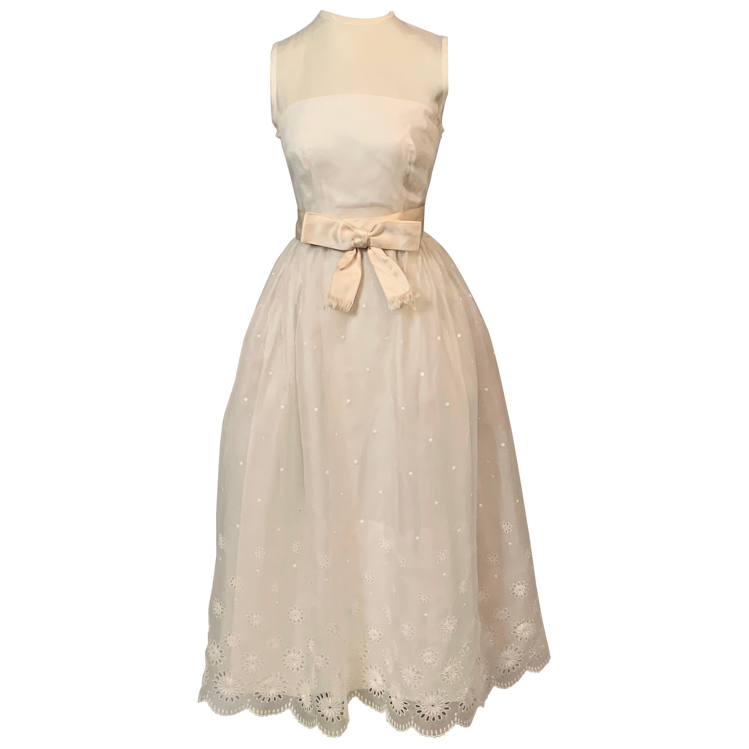 1960's Embroidered White Silk Organza Strapless Evening Gown or Wedding Dress For Sale