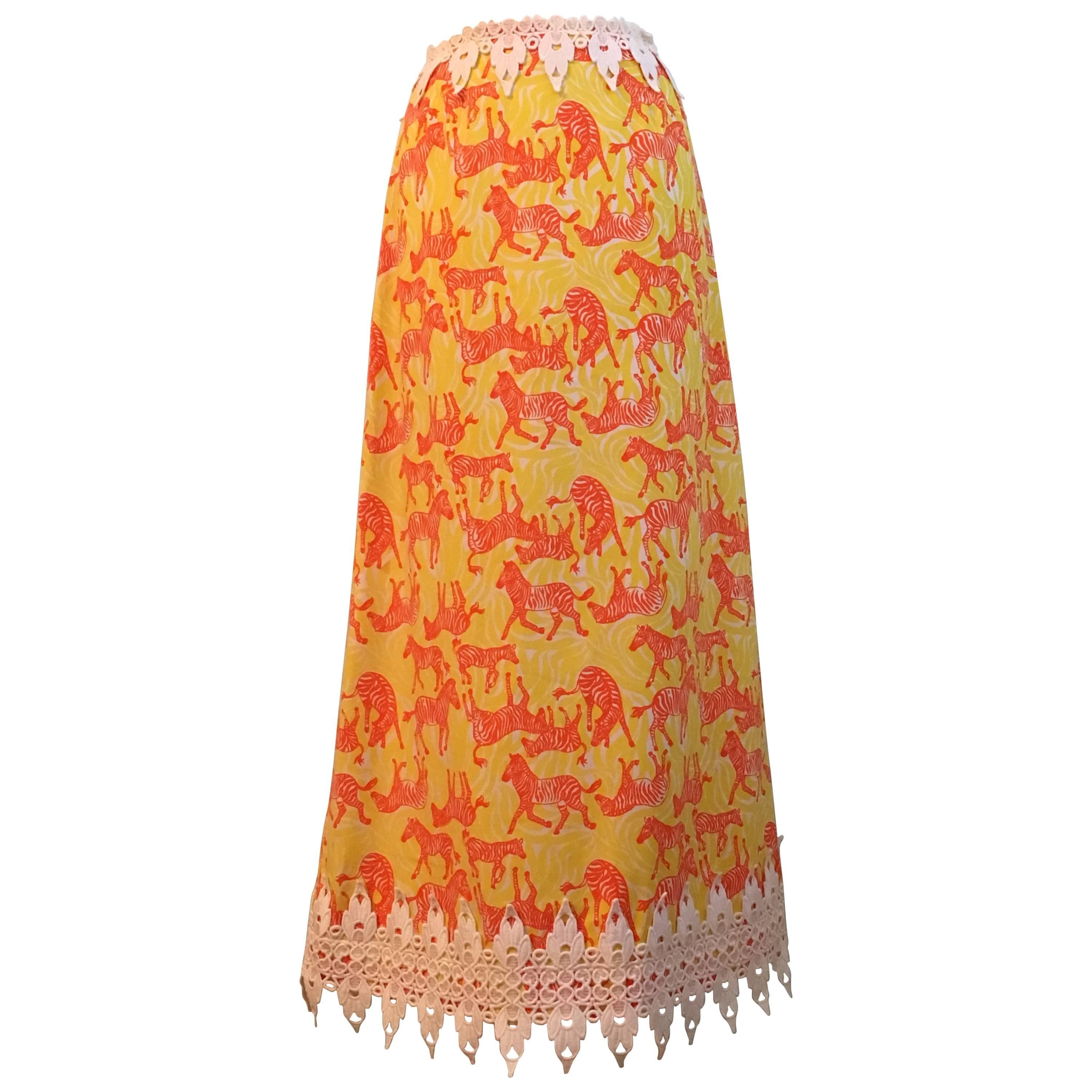 1970s Lilly Pulitzer Maxi Skirt with Zebra Print in Orange and Yellow  For Sale