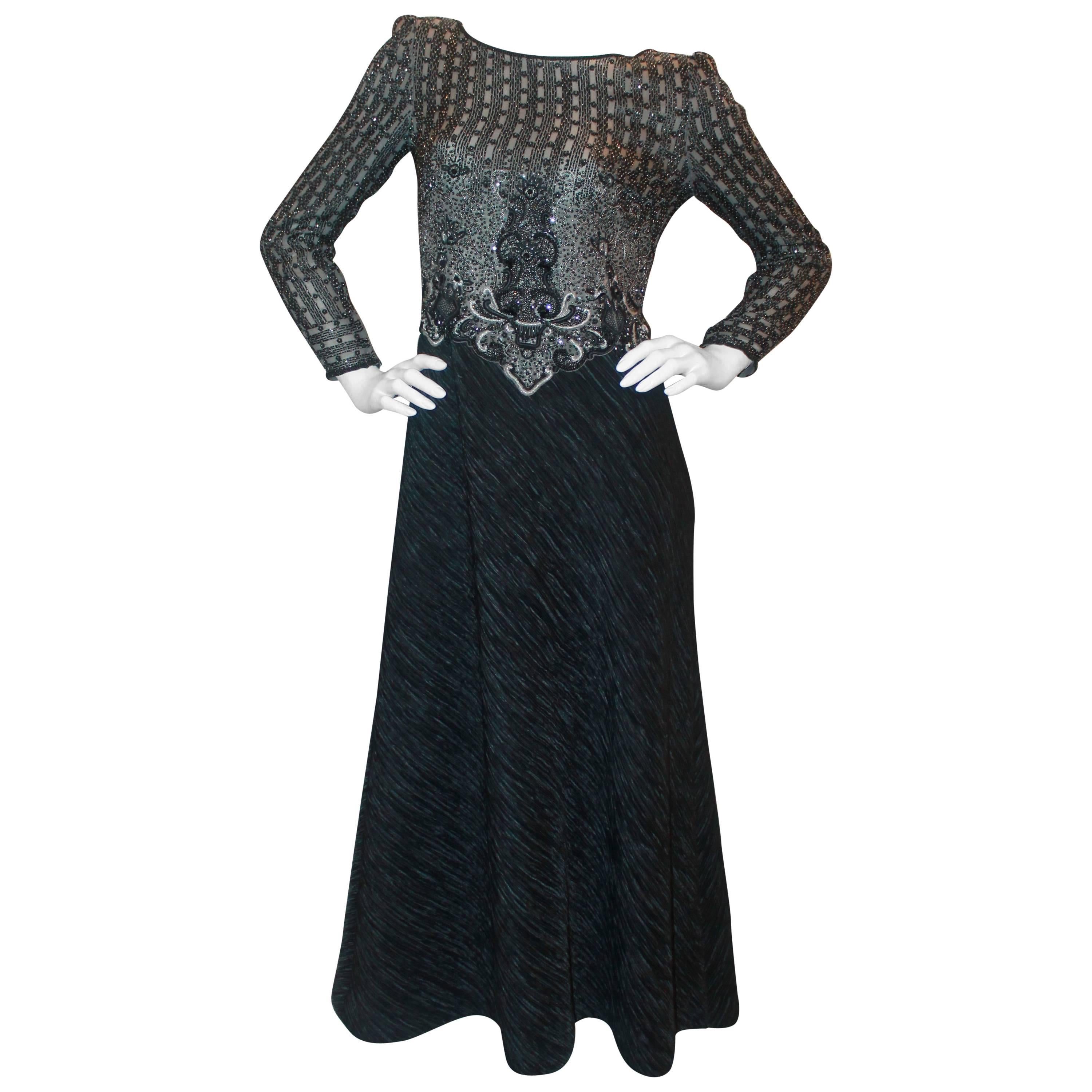 Mary McFadden Couture Black Silk Beaded & Embroidered Gown - 8 - 1980's
