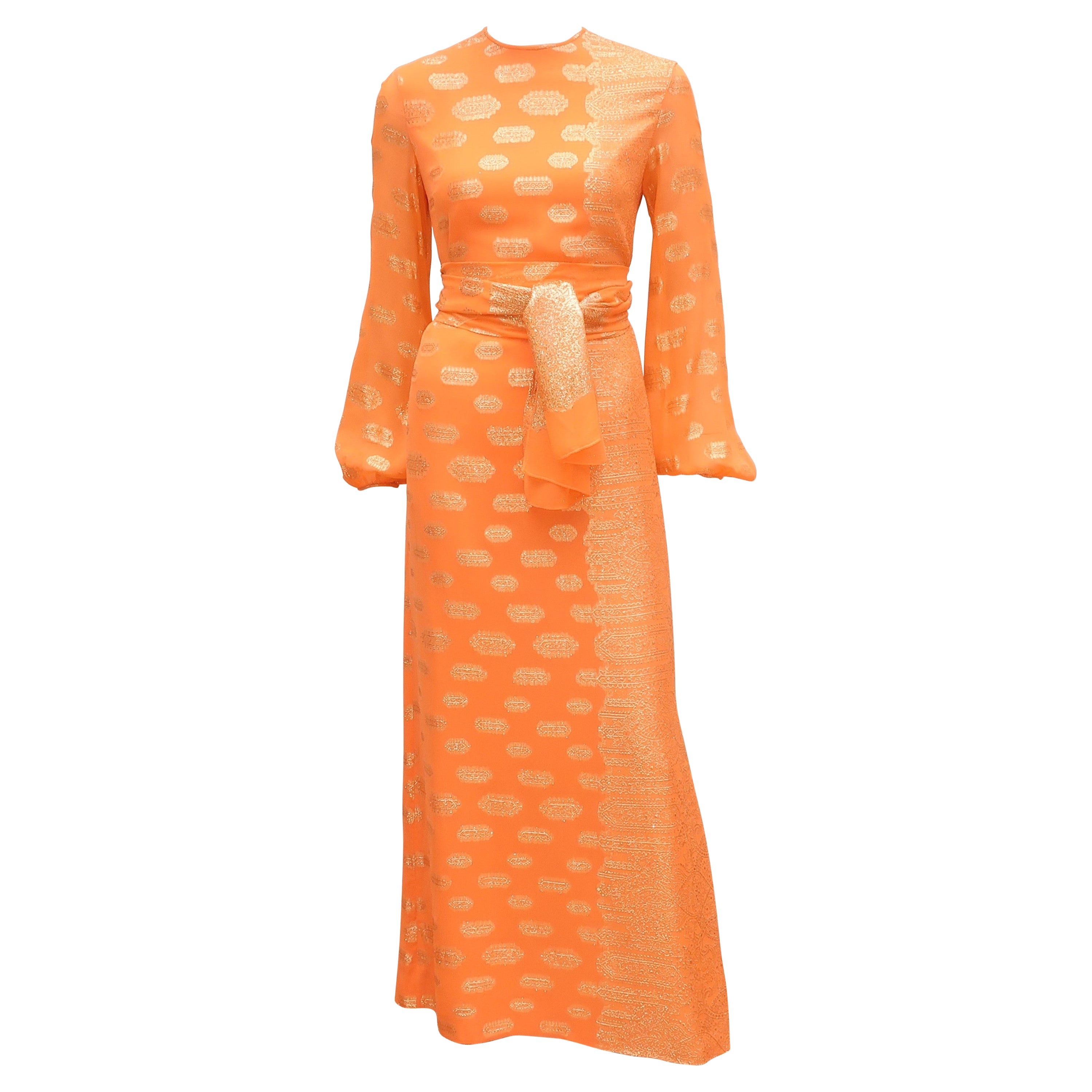 Anthony Muto Orange & Gold Lamé Maxi Evening Dress, 1970's