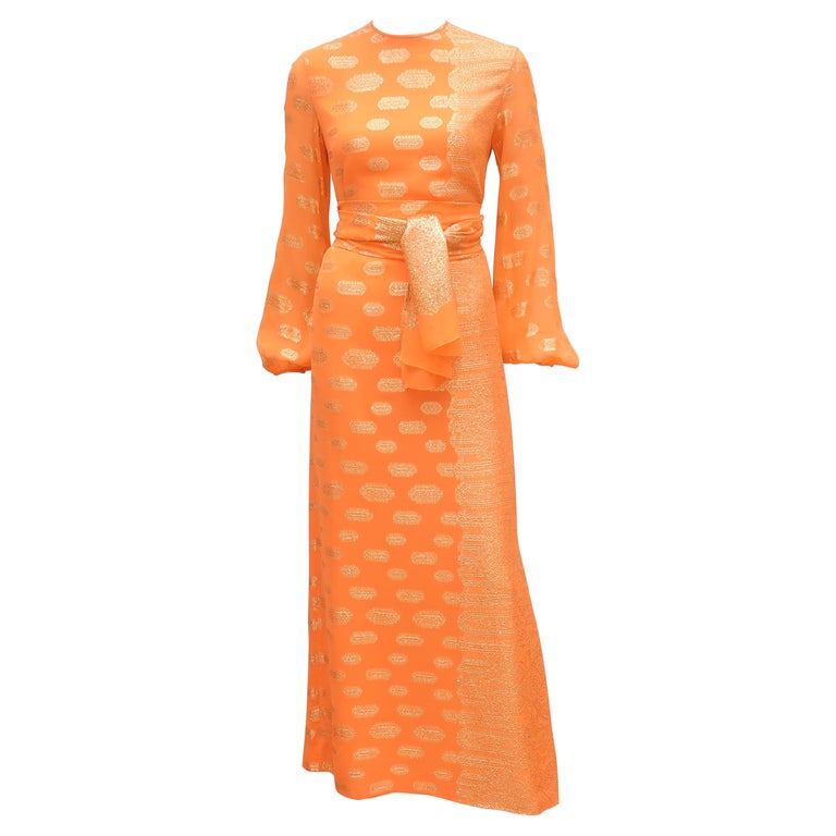 Anthony Muto Orange & Gold Lamé Maxi Evening Dress, 1970's For Sale