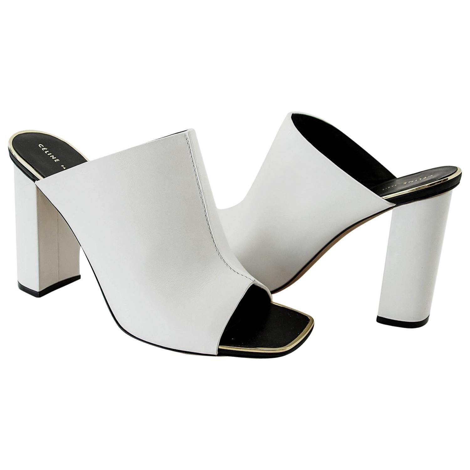 Celine Shoe White Leather Mule Gold Edge Trim 39 / 9  