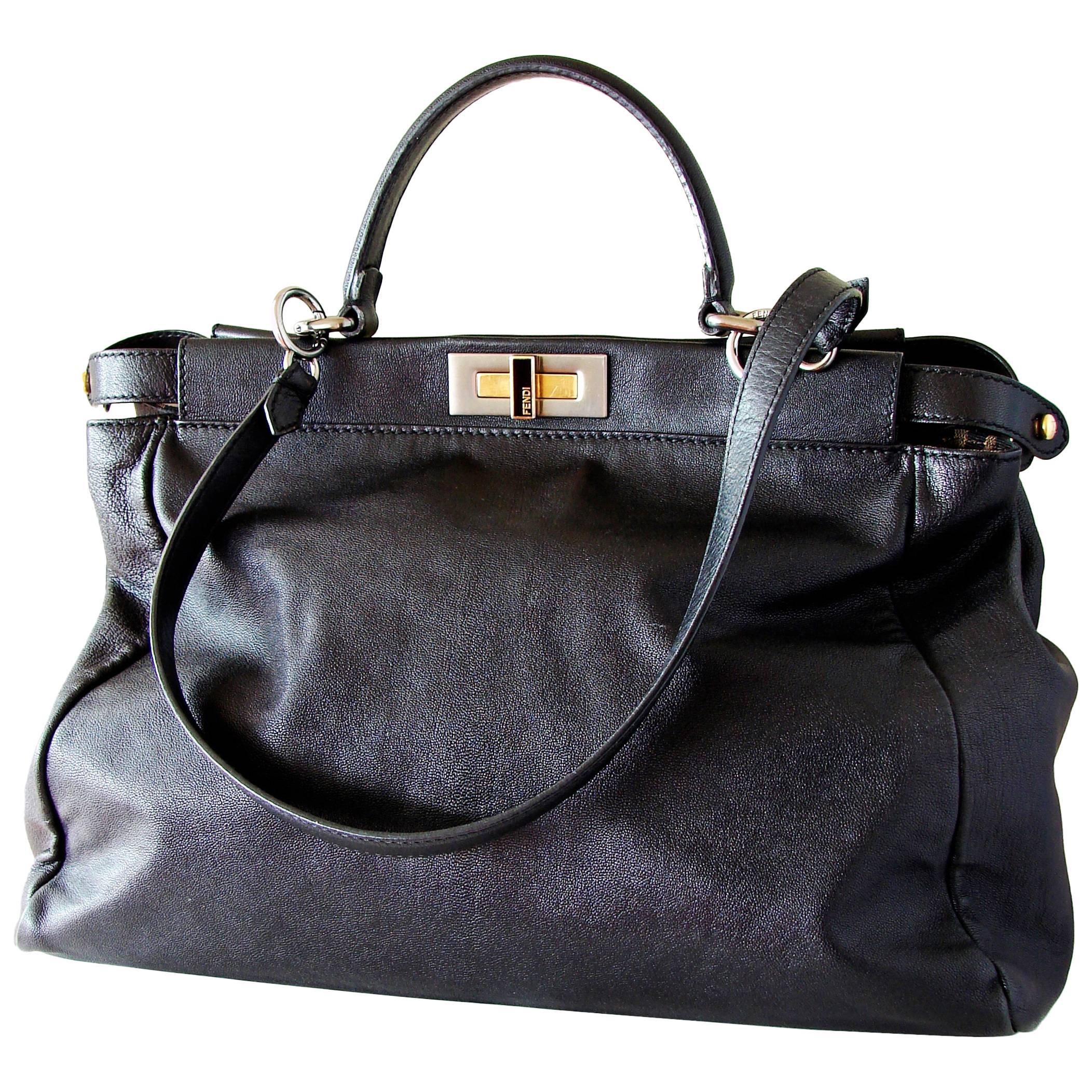 Iconic Fendi Large Black Leather Peekaboo Bag Tote Satchel with Zucca Lining