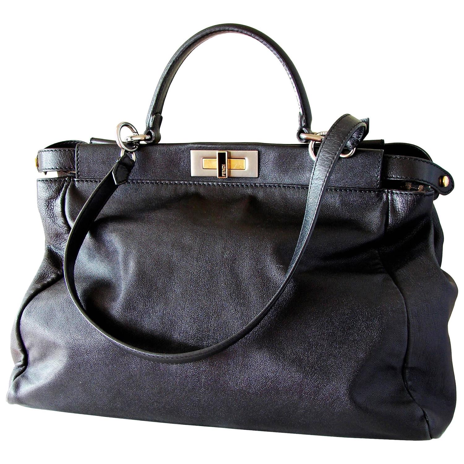 Iconic Fendi Large Black Leather Peekaboo Bag Tote Satchel with Zucca