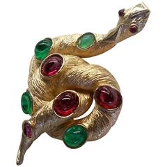 Retro 1960s Brushed Gold and Faux Emerald and Ruby Coiled Snake Brooch Pin