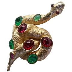Vintage 1960s Brushed Gold and Faux Emerald and Ruby Coiled Snake Brooch Pin