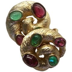 1960s TRIFARI Brushed Goldtone & Faux Ruby and Emerald Cabochon Clip On Earrings