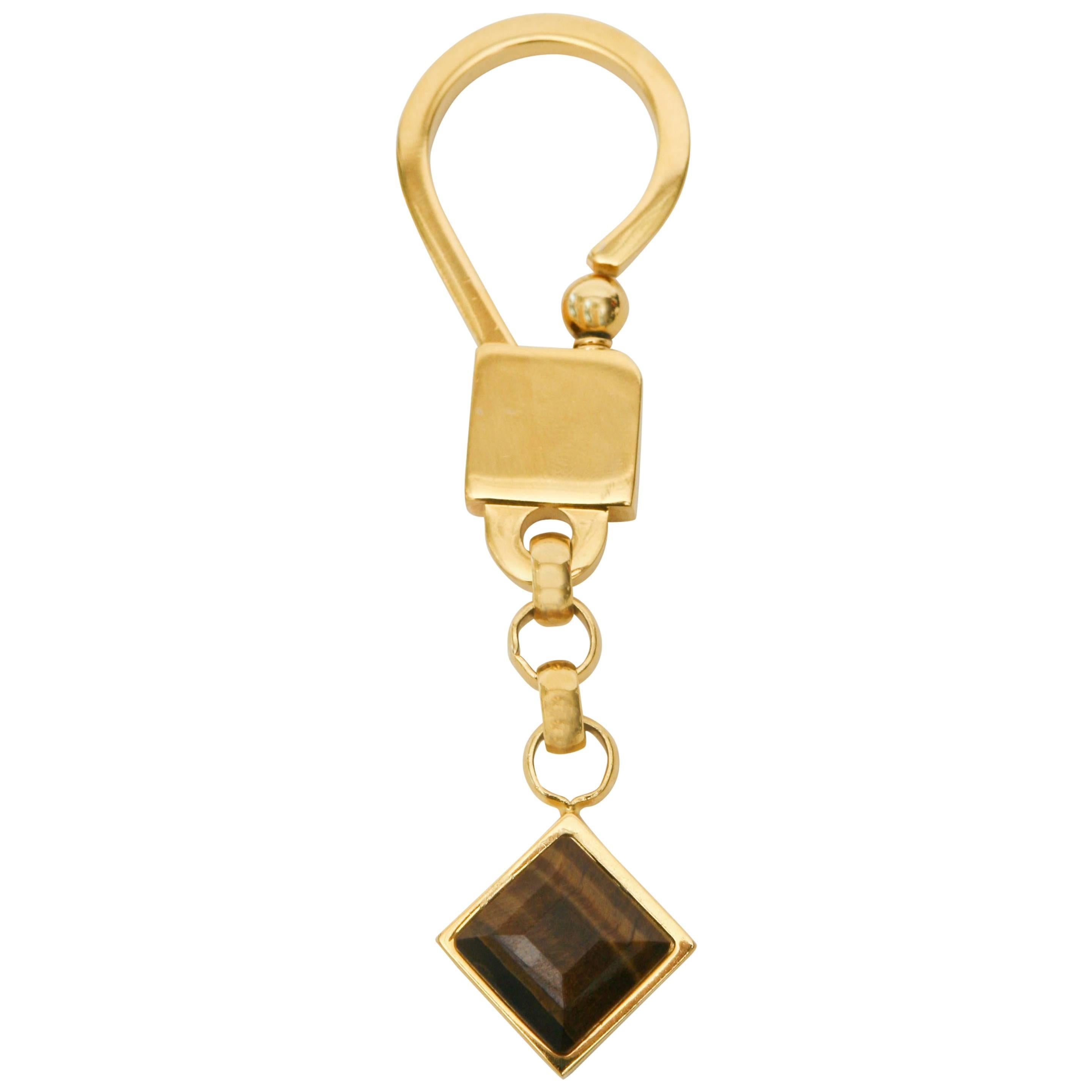 Judith Leiber TigersEye and Gold Plated Key Chain 