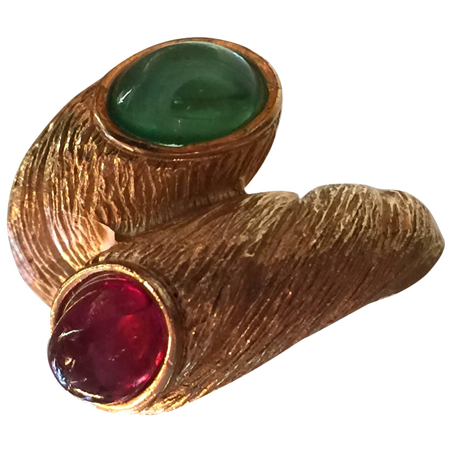 1960s TRIFARI Brushed Goldtone Fashion Dinner Ring  Faux Emerald Ruby Cabochons