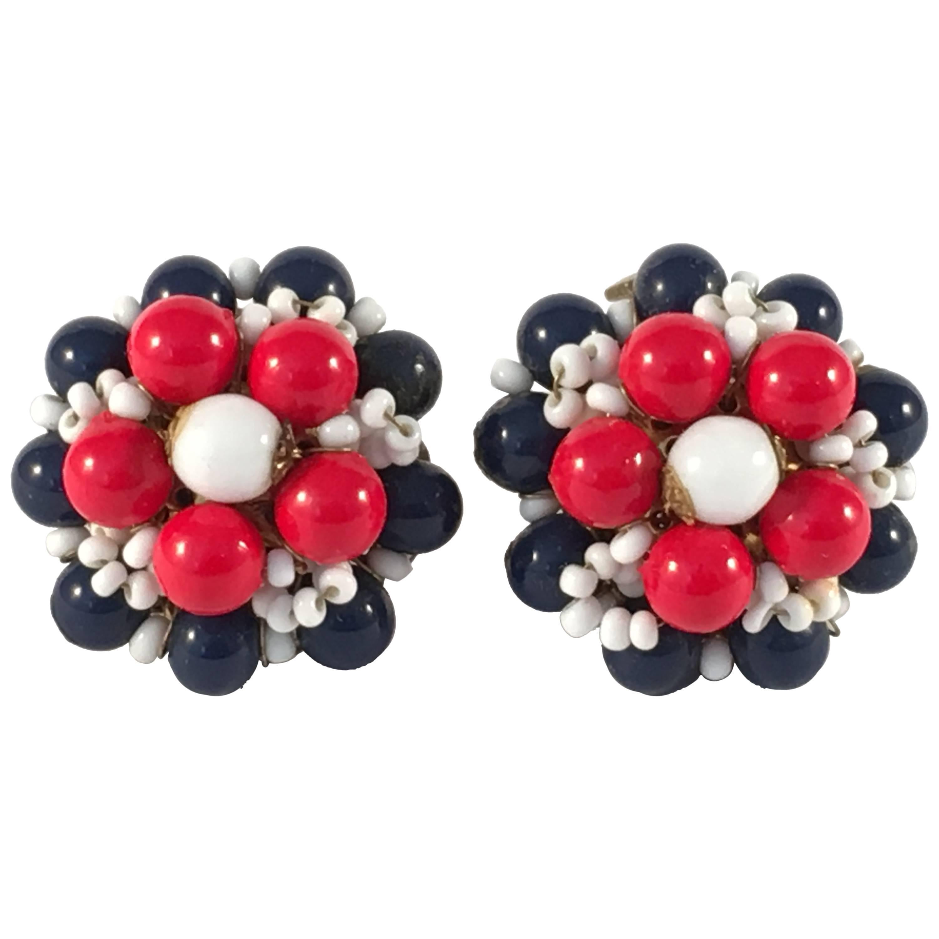 1960s Miriam Haskell Red, White and Blue Beaded Earrings For Sale