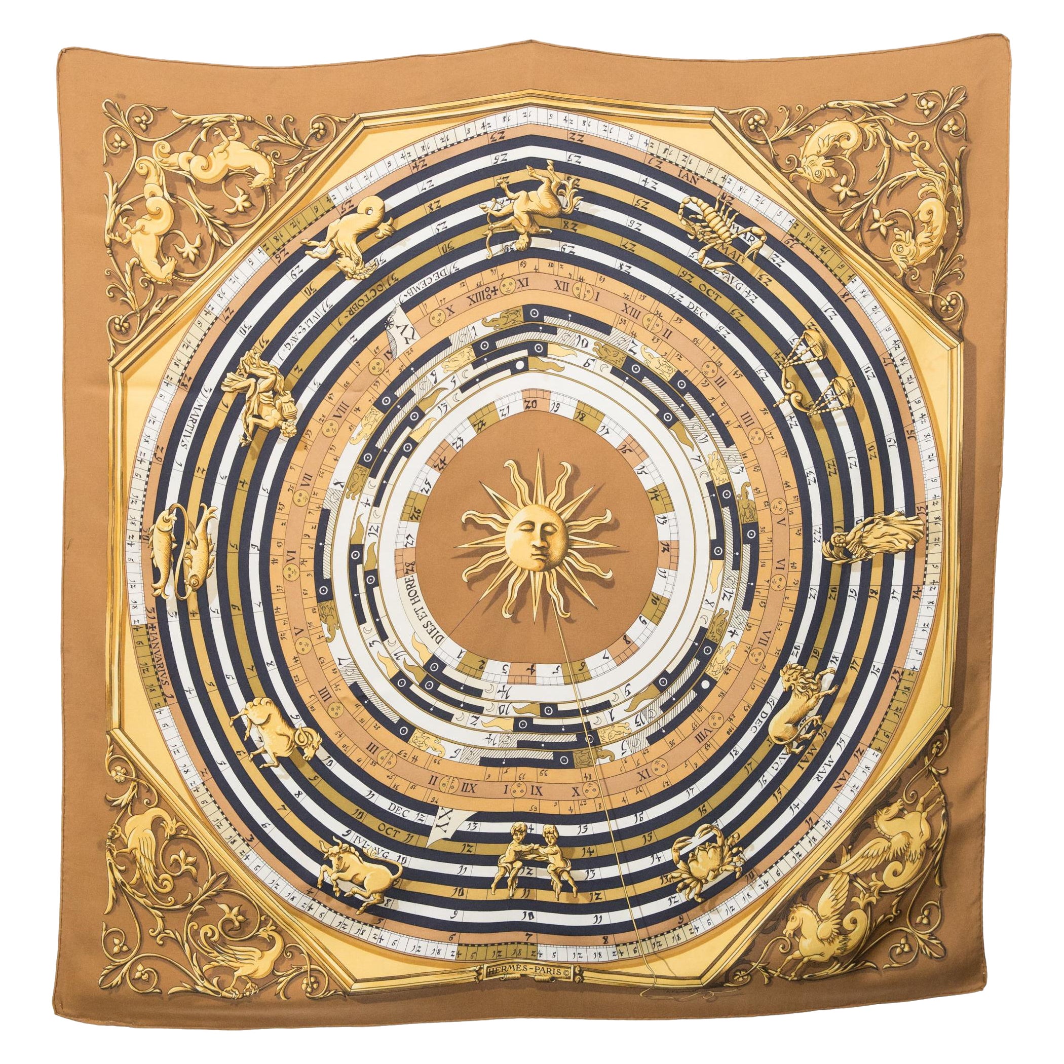Hermes Camel Astrology Dies et Hore by F. Faconnet Silk Scarf For Sale