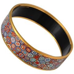 Hermes Paris Multicolor Floral Enamel Print Gold Bangle Bracelet