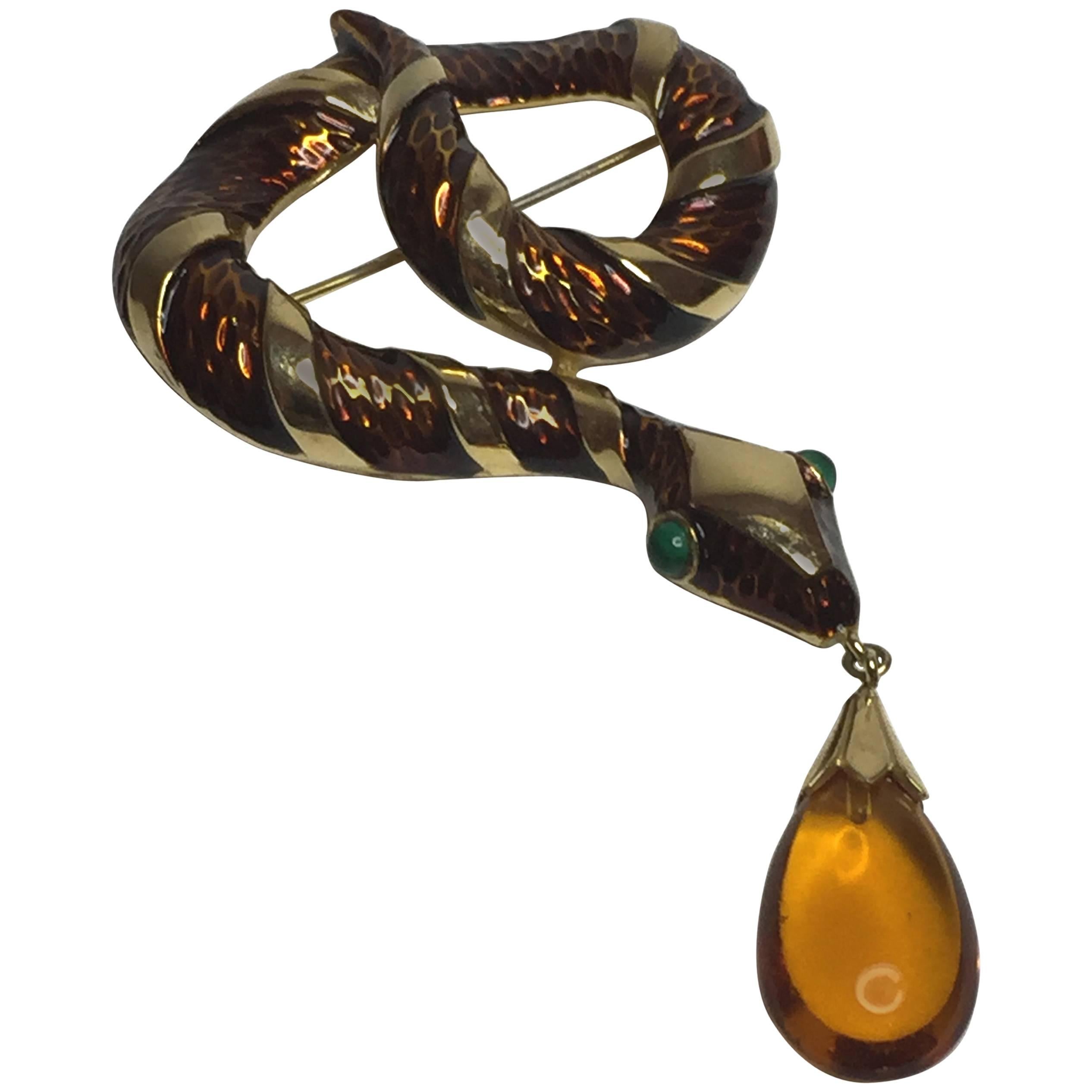 1960s TRIFARI Enamel & Goldtone Coiled Snake Brooch Pin with Amber Teardrop For Sale
