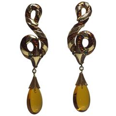 1960s TRIFARI Goldtone & Enameled Coiled Snake Clip on Drop Earrings w/teardrop