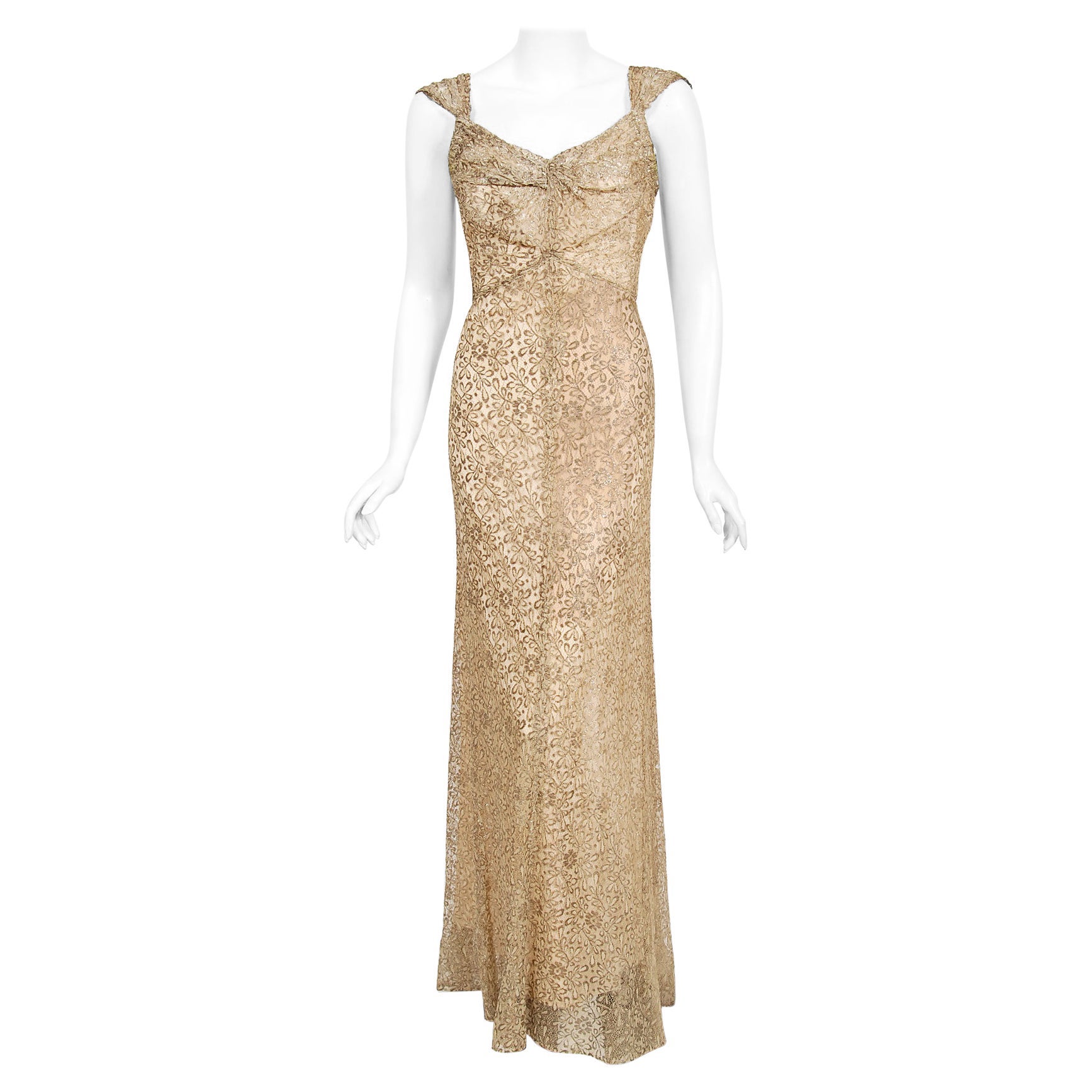 Vintage 1930's Metallic Gold Lamé Lace Nude Illusion Bias-Cut Old Hollywood Gown