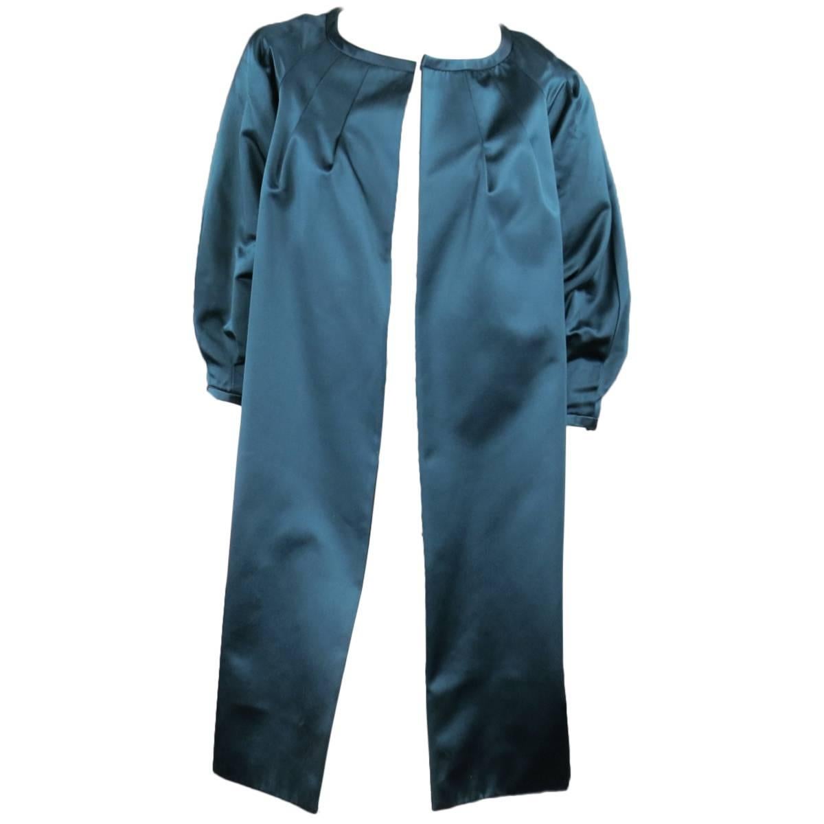BARBARA TFANK Size 6 Teal Silk Satin Open Pleated Sleeve Evening Coat