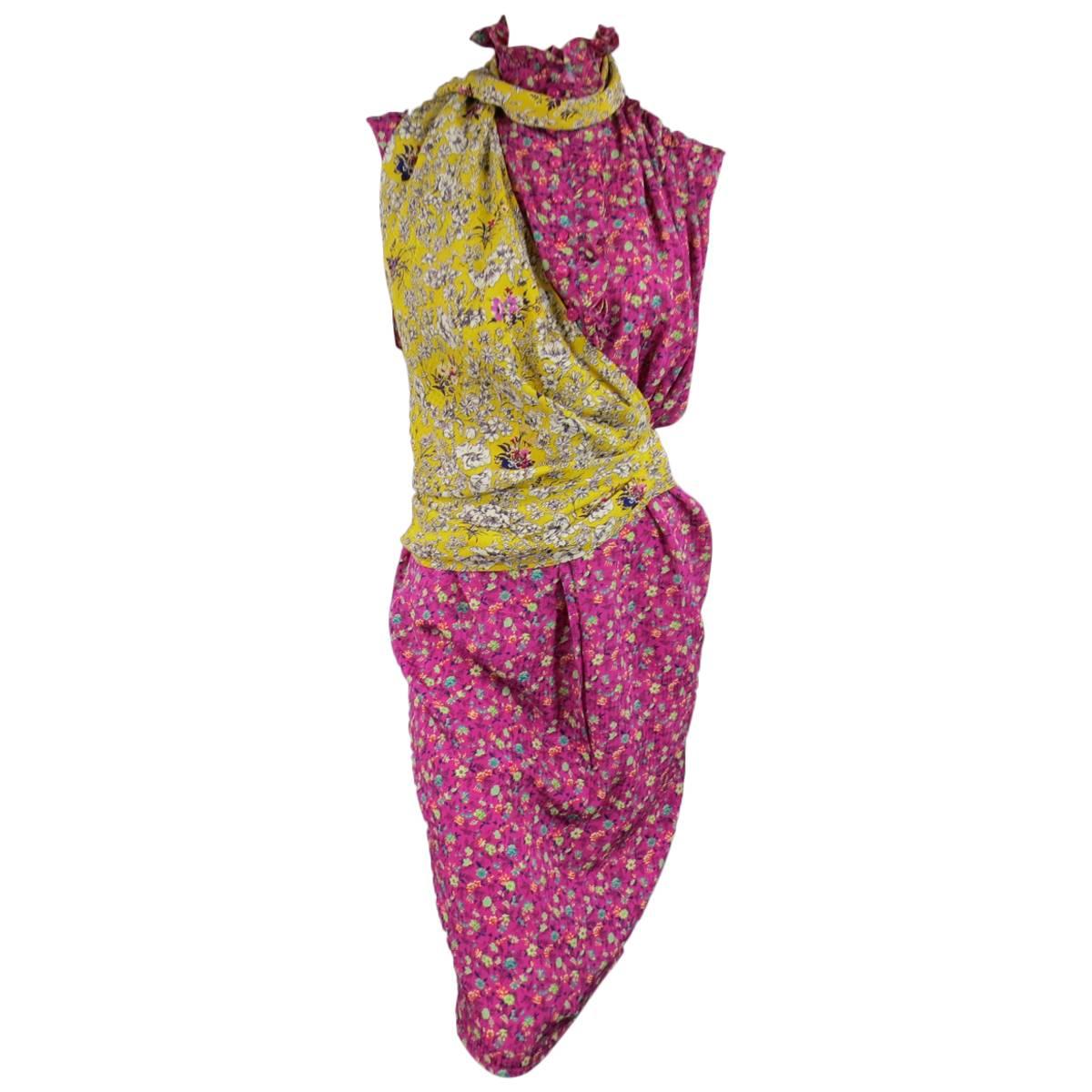 Vintage EMANUEL UNGARO Size 8 Fuchsia Floral Silk Yellow Sash Ruffle Shirt Dress