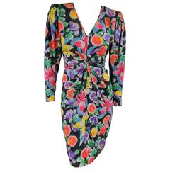 Vinatge EMANUEL UNGARO Size 6 Multi-Color Floral Silk Ruched 3/4 Sleeve Dress