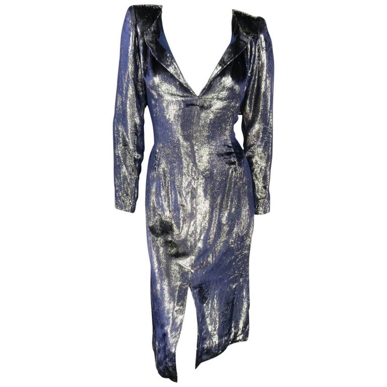 JEAN-LOUIS SCHERRER 2 Silver and Navy Metallic Velvet Long Sleeve Sheath  Dress For Sale at 1stDibs