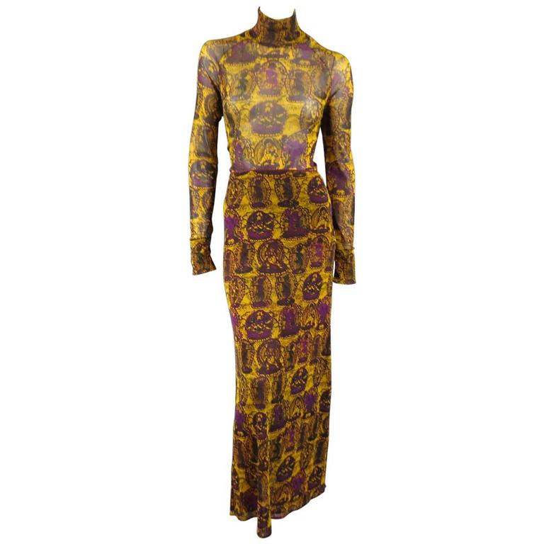 VIVIENNE TAM L Mustard and Purple Buddhist Print Mesh Turtleneck
