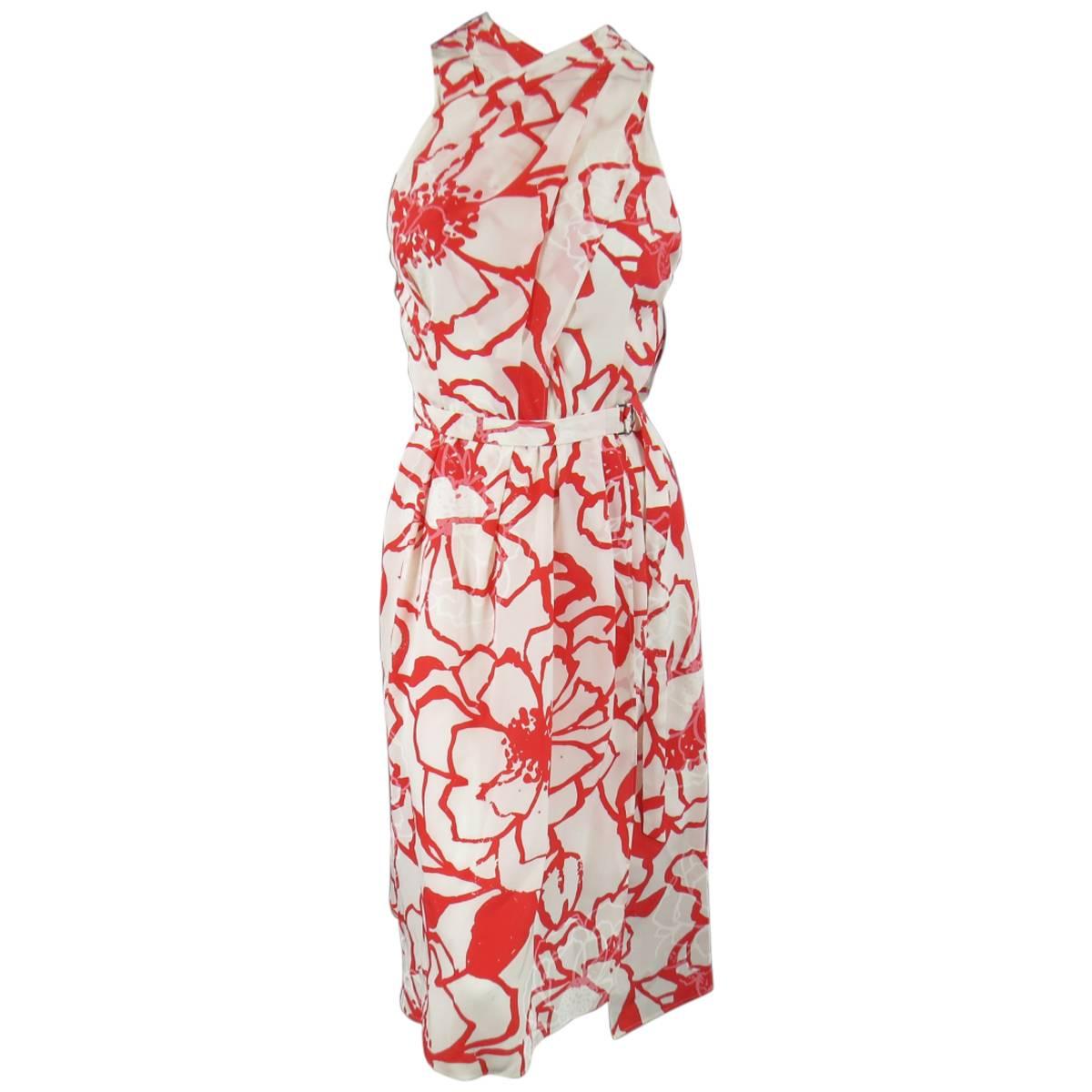 NINA RICCI Size 10 White / Red Floral Print Silk Open Back Dress