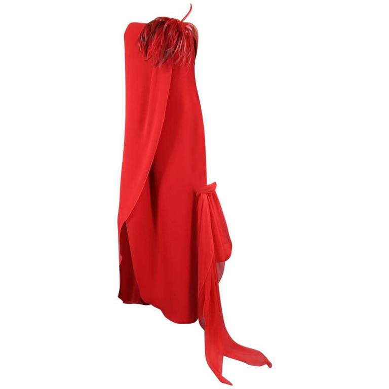 VALENTINO Size 6 Red Silk Strapless Feather Applique Wrap Dress at 1stDibs