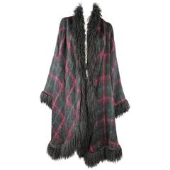 JEAN-LOUIS SCHERRER Size XL Black Pink & Teal Plaid Fur Trim Cardigan Coat
