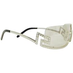 Versace Wraparound Silver Tone Mirrored Sunglasses W Crystal Greek Keys