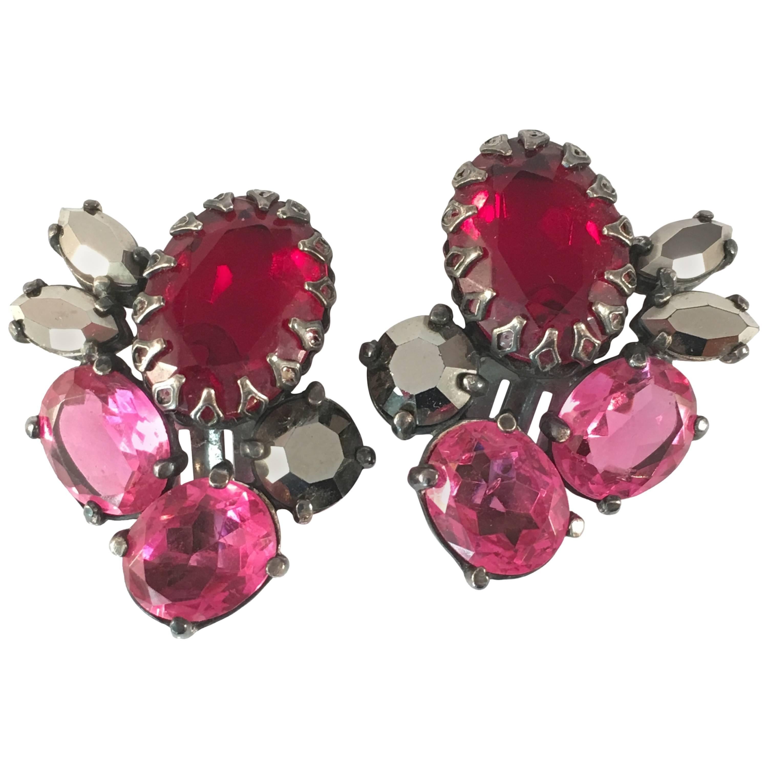 1950s Schiaparelli Pink and Red Rhinestone Earrings