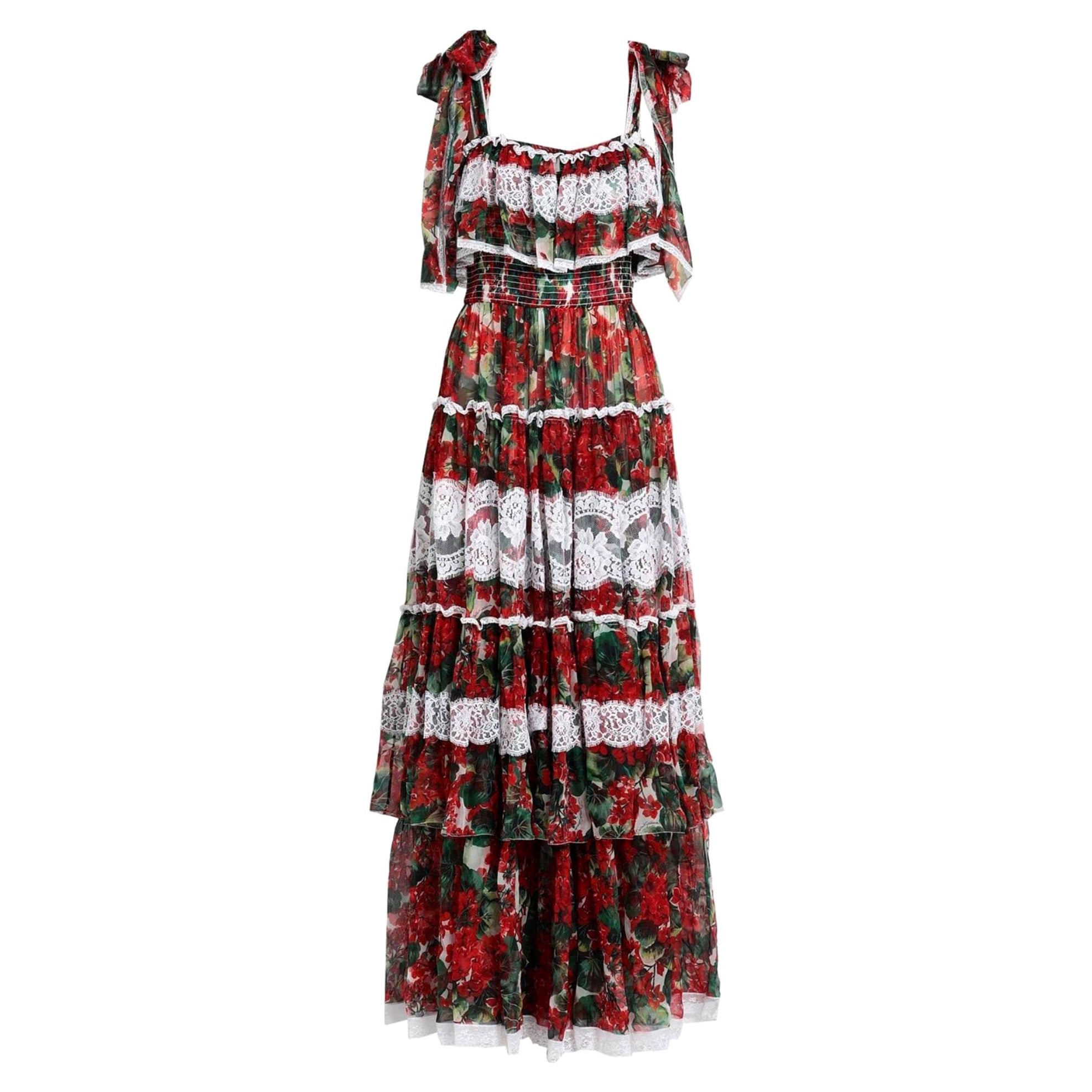 Dolce & Gabbana multicolour floral silk maxi dress fitted with wide frills 