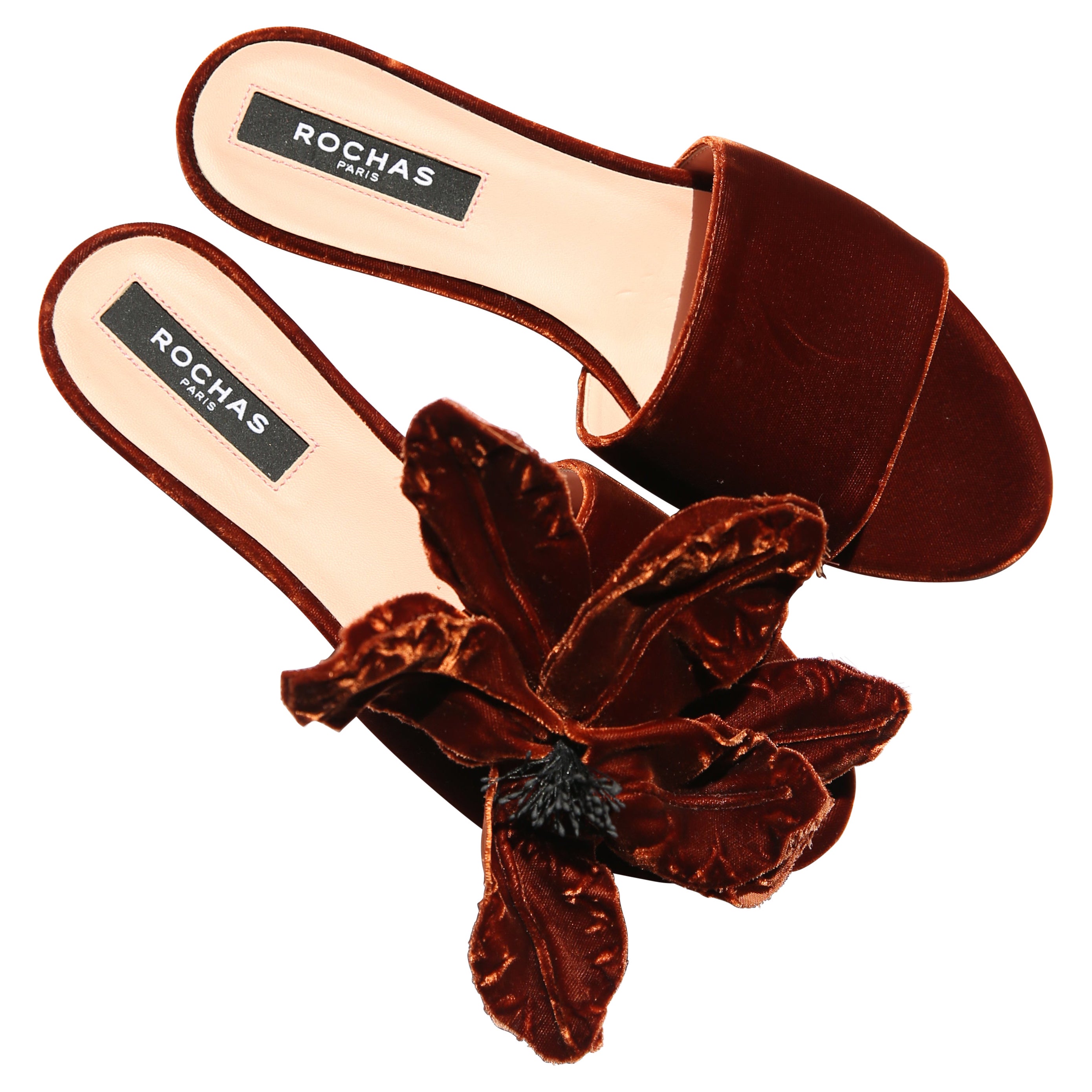 Rochas burnt orange brown sepia floral velvet flower appliqué slides sandals 39 For Sale