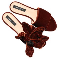 Rochas burnt orange brown sepia floral velvet flower appliqué slides sandals 39