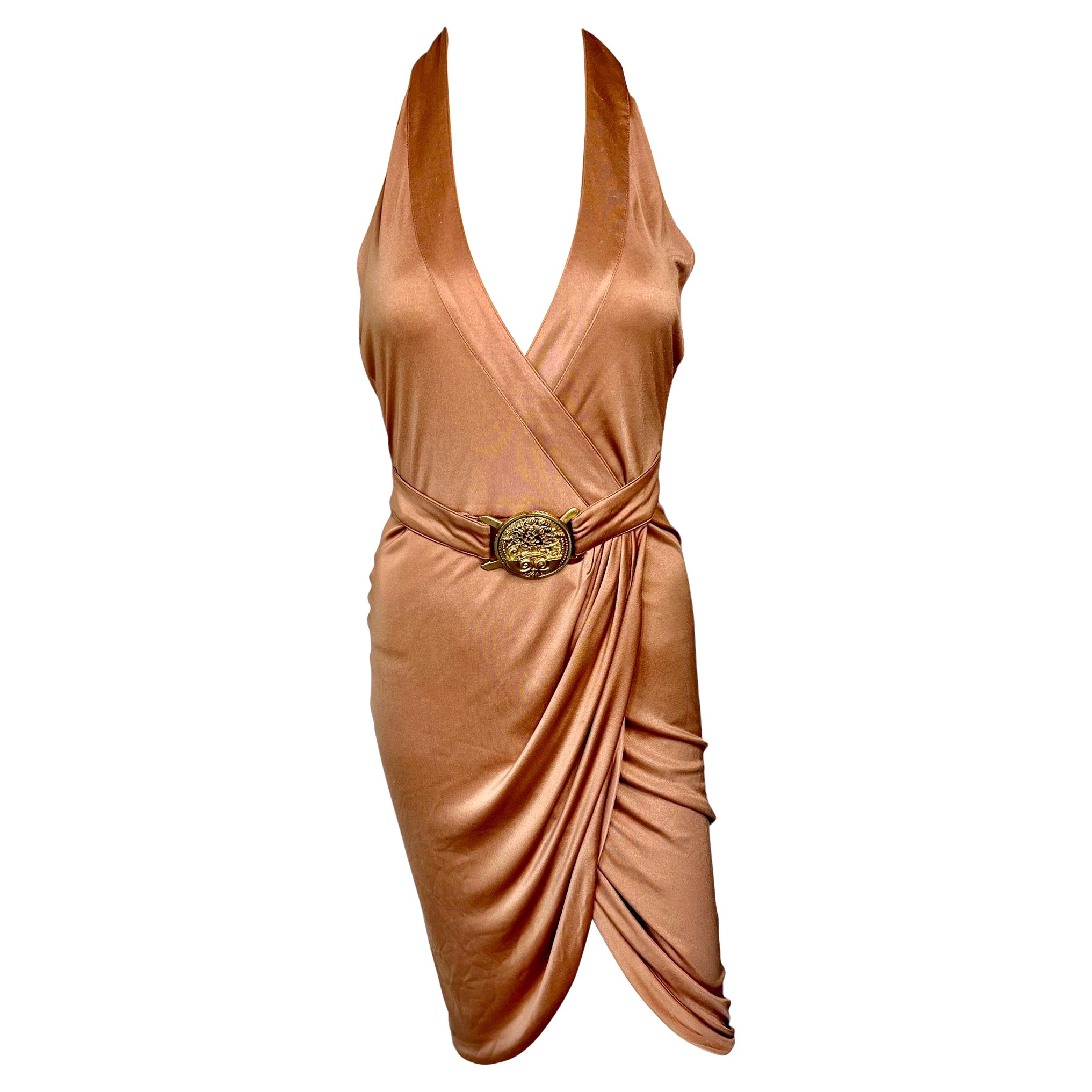 Versace S/S 2005 Runway Logo Belt Plunging Backless Wrap Dress For Sale