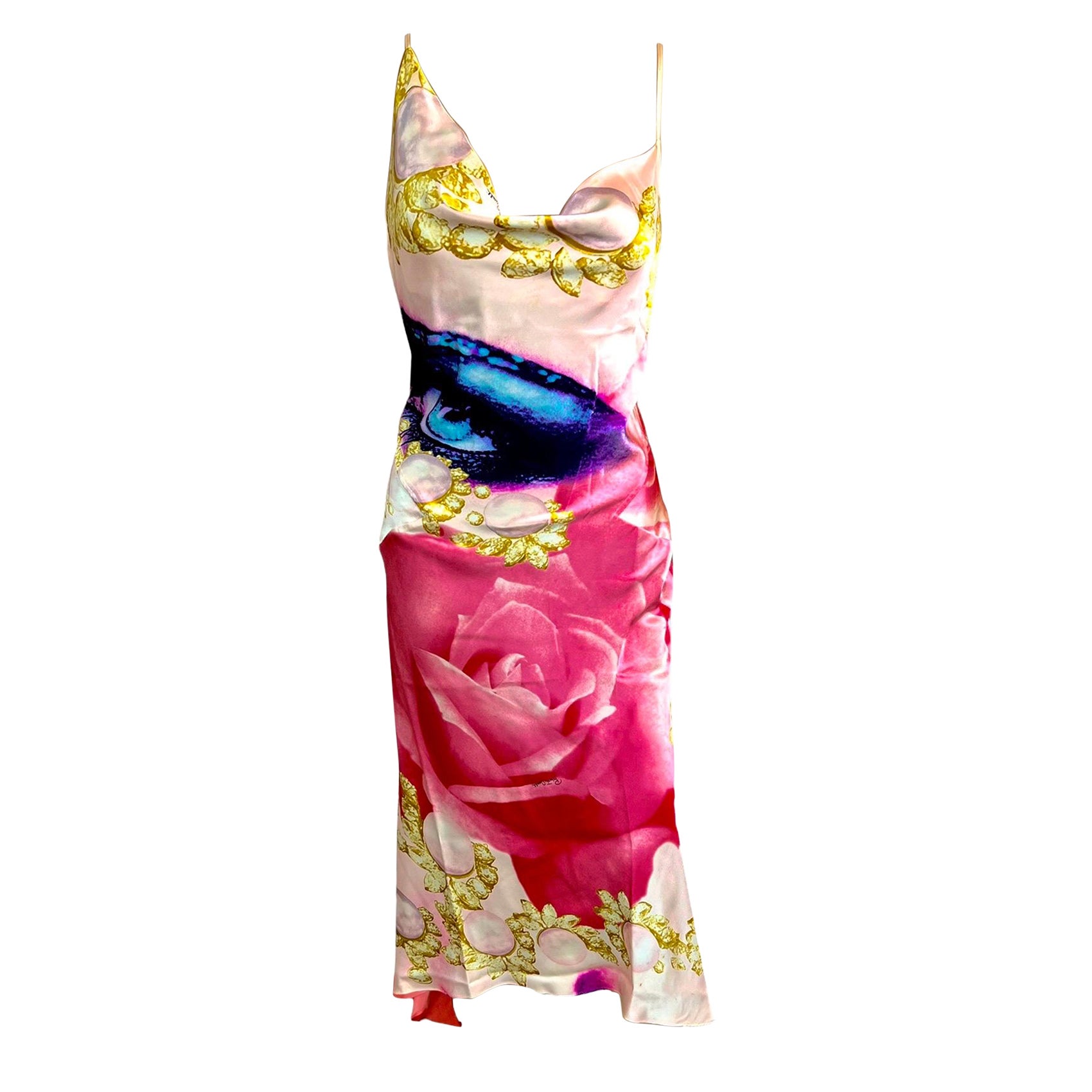 Roberto Cavalli S/S 2001 Runway Face Eye Print Bias Cut Silk Slip Evening Dress  For Sale