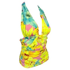 Versace S/S 2004 Runway Floral Print Plunging Neckline Halter Top 