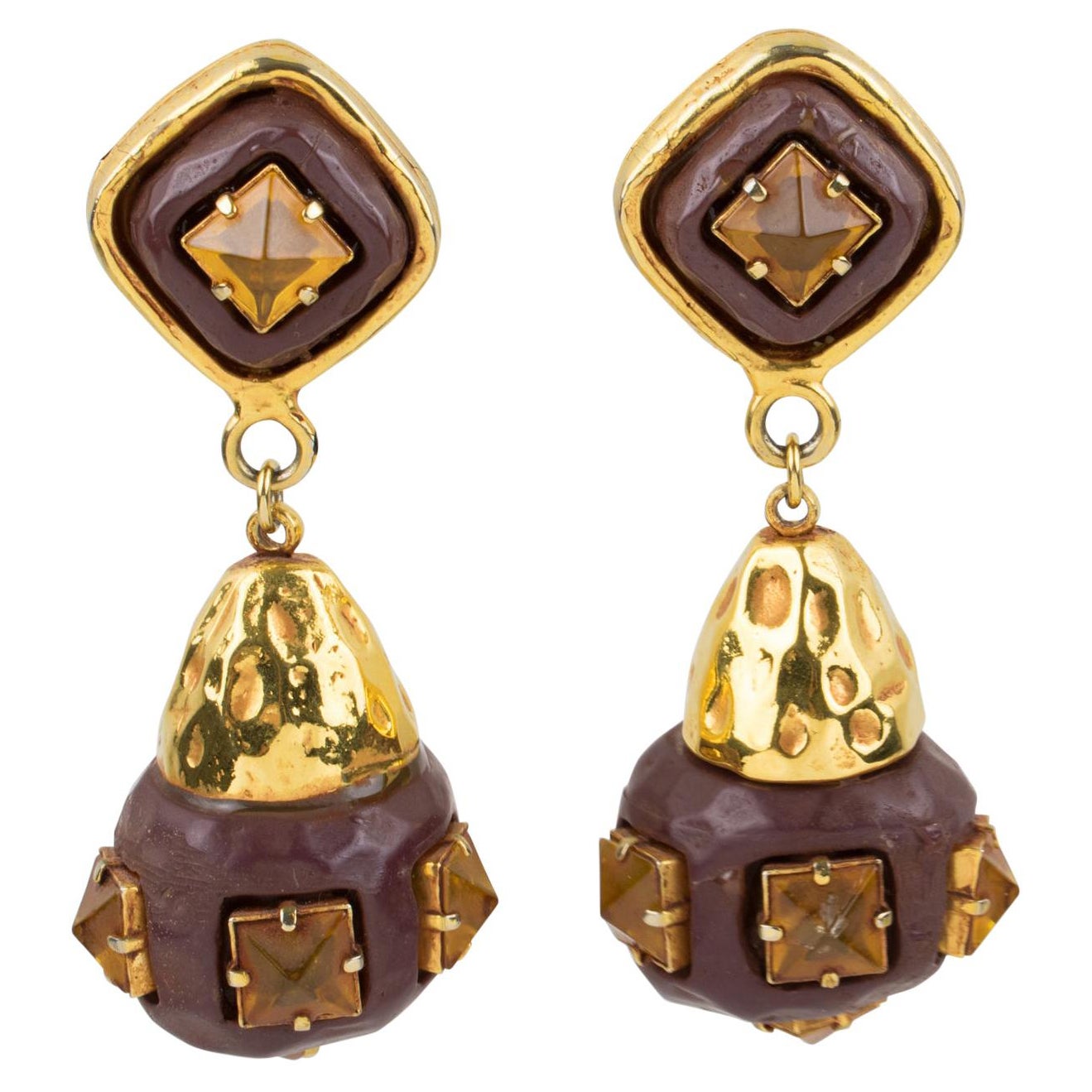 Kalinger Paris Boucles d'oreilles à clips pendantes en métal doré et résine brune