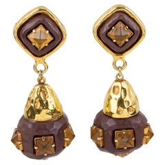 Kalinger Paris Boucles d'oreilles à clips pendantes en métal doré et résine brune